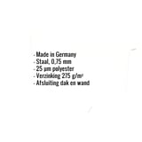 Infographic met specificaties: Made in Germany, staal 0,75 mm, 25 µm polyester, verzinking 275 g/m², afsluiting dak en wand