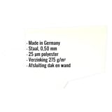 Infographic met specificaties: Made in Germany, staal 0,50 mm, 25 µm polyester, verzinking 275 g/m², afsluiting dak en wand