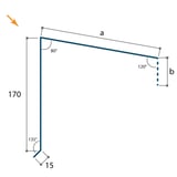 Technische tekening lessenaarsdak nokafsluiting met afmetingen 170 mm en 15 mm, hoeken 80°, 120°, 135°