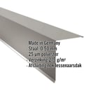 Lessenaarsdakafsluiting van staal in RAL9007, 0,50 mm dikte, met ingebedde productinformatie