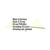 Nokvorst vlak Grijswit RAL 9002 met ingebedde productinformatie over materiaal, dikte en coating