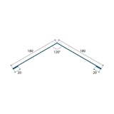 Technische tekening nokvorst plat met afmetingen 180x180 mm, 120° hoek en 20 mm druiprand
