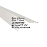 Nokstuk plat Grijswit (RAL 9002) met ingebedde productgegevens over materiaal, dikte en coating