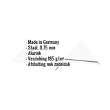 Nokvorst vlak Aluzink, 0,75 mm, met ingebedde productinformatie over materiaal en coating