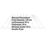 Polycarbonaat damwandplaat helder, met ingebedde specificaties voor materiaal, profiel, lichttransmissie en garantie