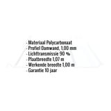 Infographic: Kerngegevens van de polycarbonaat damwandplaat, 1,00 mm dik, met lichttransmissie 90 %
