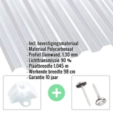 Polycarbonaat damwandplaat 1,30 mm, helder, met ingebouwde specificaties en bevestigingsmateriaal