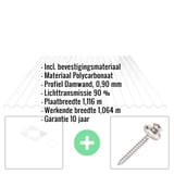 Helder polycarbonaat damwandplaat 76/18, 0,90 mm, met ingebedde productinformatie en bevestigingsmateriaal