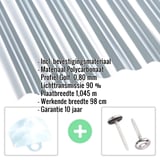 Polycarbonaat golfplaat 76/18, helder, 0,80 mm met ingebouwde gegevens en bevestigingsmateriaal