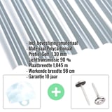 Polycarbonaat golfplaat helder 1,30 mm met productdetails en bevestigingsmateriaal