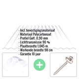 Polycarbonaat golfplaat 76/18, helder, 0,90 mm, met ingebedde productgegevens en bevestigingsmateriaal