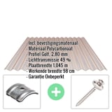 Polycarbonaat golfplaat 76/18, 2,80 mm, brons, met ingebedde productgegevens en bevestigingsmateriaal