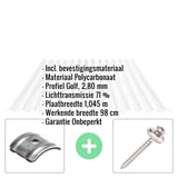 Polycarbonaat golfplaat 76/18, 2,80 mm, helder, met ingebouwde specificaties en bevestigingsmateriaal