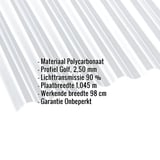 Polycarbonaat golfplaat 76/18, 2,50 mm, helder, met ingebouwde gegevens over materiaal, profiel en afmetingen