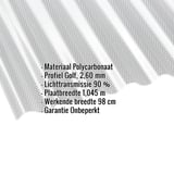 Polycarbonaat golfplaat 2,60 mm, helder, met ingebouwde gegevens over materiaal, profiel, lichttransmissie en garantie