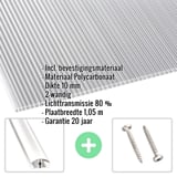 Polycarbonaat dubbelwandige plaat 10 mm helder, met ingebedde specificaties en accessoires zoals schroeven en profiel