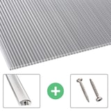 Polycarbonaat dubbelwandige plaat 10 mm helder, met accessoires zoals aluminium profiel en twee schroeven