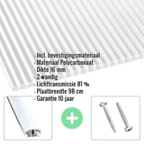 Polycarbonaat dubbelwandige plaat 16 mm, profiel A1, helder, met ingebouwde gegevens en accessoires