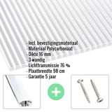Polycarbonaat kanaalplaat 16 mm, helder, met ingebouwde specificaties en accessoires zoals aluminium profiel en schroeven