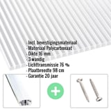 Heldere 16 mm polycarbonaat kanaalplaat met productgegevens en accessoires, infografiek