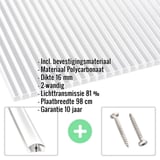 Polycarbonaat dubbelwandige plaat 16 mm helder, met ingebedde specificaties en accessoires
