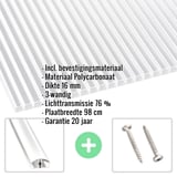Polycarbonaat kanaalplaat 16 mm, helder, met ingebouwde specificaties en accessoires