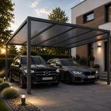 Antraciet polycarbonaat kanaalplaten 16 mm als dak van een moderne carport met twee auto's
