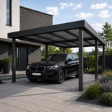 Antraciet polycarbonaat kanaalplaten 16 mm als dak van een donkere carport met een auto