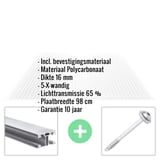 Polycarbonaat kanaalplaat 16 mm helder, met bevestigingsmateriaal en productdetails als infografik