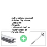 Polycarbonaat kanaalplaat 16 mm opaal wit met infografik van productdetails en bevestigingsmateriaal