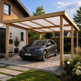 Houten carport met opaal witte polycarbonaat kanaalplaten 16 mm en elektrische auto