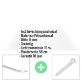 Polycarbonaat kanaalplaat 16 mm, helder, met ingebedde productdetails en bevestigingsmateriaal