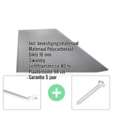 Polycarbonaat lichtplaat 16 mm antraciet, met ingebedde productdetails en bevestigingsmateriaal