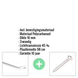 Polycarbonaat lichtplaat 16 mm opaal wit, infografik met materiaaldetails en bevestigingsmateriaal