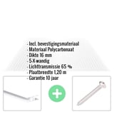 Infographic: Polycarbonaat kanaalplaat 16 mm, 5-wandig, met specificaties en bevestigingsmateriaal
