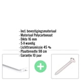 Polycarbonaat kanaalplaat 16 mm opaal wit met ingebedde productinformatie en bevestigingsmateriaal