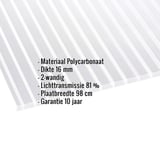 Polycarbonaat dubbelwandige plaat 16 mm, helder, met ingebedde gegevens over materiaal, dikte en lichttransmissie