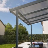 Terrasoverkapping met Scobalit polycarbonaat lichtplaten 16 mm, helder/antraciet gestreept