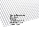 Polycarbonaat kanaalplaat 16 mm, helder, met ingebouwde gegevens over materiaal, dikte en lichttransmissie