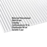 Polycarbonaat kanaalplaat | 16 mm | Breedte 98 cm | Helder | Blueline | 3,00 m