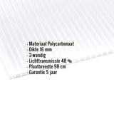 Polycarbonaat kanaalplaat | 16 mm | Breedte 98 cm | Opaal wit | Blueline | 3,00 m
