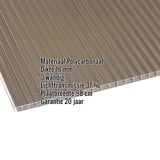 Polycarbonaat lichtplaat 16 mm brons, met ingebedde specificaties voor materiaal, dikte en lichttransmissie