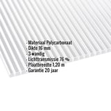 Polycarbonaat lichtplaat 16 mm, helder, met ingebedde specificaties voor materiaal, dikte en lichttransmissie