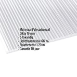 Polycarbonaat kanaalplaat 16 mm, helder, met ingebedde productgegevens over materiaal en dikte