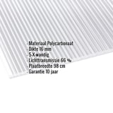 Polycarbonaat kanaalplaat 16 mm, helder, met ingebouwde productgegevens over materiaal, dikte en lichttransmissie