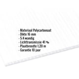 Polycarbonaat lichtplaat 16 mm opaal wit, met ingebedde specificaties voor materiaal, dikte en lichttransmissie