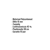 Infographic: Kerngegevens van de polycarbonaat kanaalplaat 16 mm, opaal wit, met materiaal, dikte, lichttransmissie en