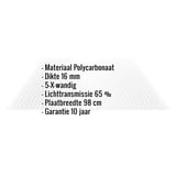 Polycarbonaat kanaalplaat 16 mm, helder, met ingebouwde gegevens over materiaal, dikte, wandigheid en lichttransmissie
