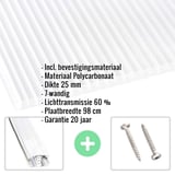 Helder polycarbonaat kanaalplaat 25 mm met ingebedde productinformatie en bevestigingsmateriaal