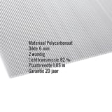 Polycarbonaat dubbelwandige plaat 6 mm, helder, met ingebouwde gegevens materiaal, dikte, lichttransmissie, breedte, garantie